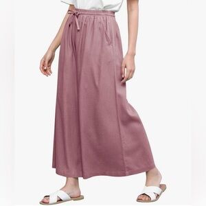 Washed Linen Casual Loose Wide Leg Pants Pocket Pant with Draw String -mauve
